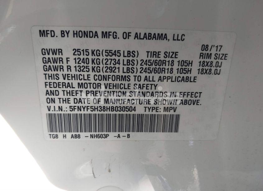 Photo 9 of 2017 Honda Pilot EX (VIN 5FNYF5H38HB030504)