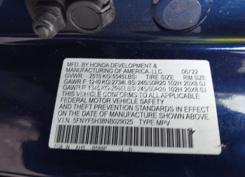 Photo 9 of 2022 Honda Pilot 2WD SPORT (VIN 5FNYF5H38NB029025)