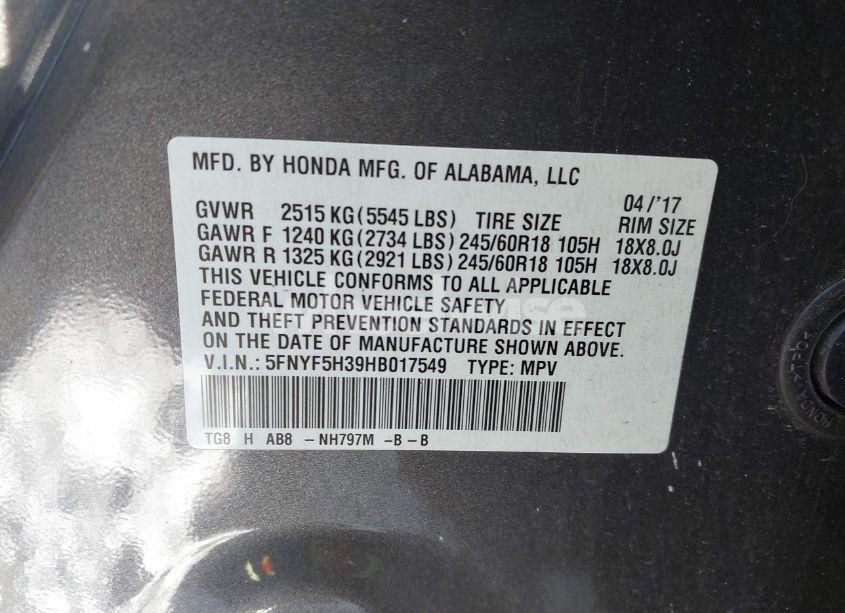 Photo 9 of 2017 Honda Pilot EX (VIN 5FNYF5H39HB017549)