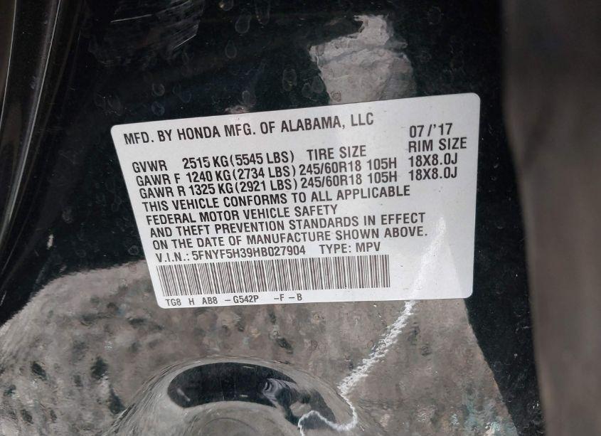 Photo 9 of 2017 Honda Pilot EX (VIN 5FNYF5H39HB027904)