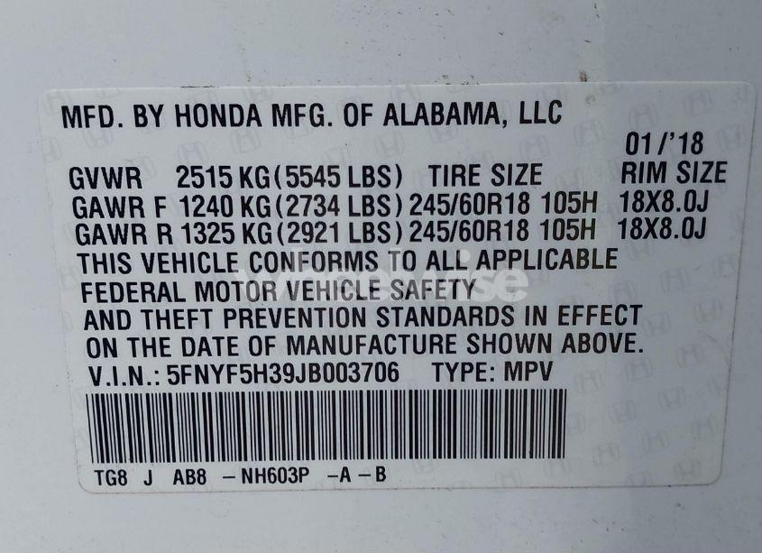 Photo 9 of 2018 Honda Pilot EX (VIN 5FNYF5H39JB003706)