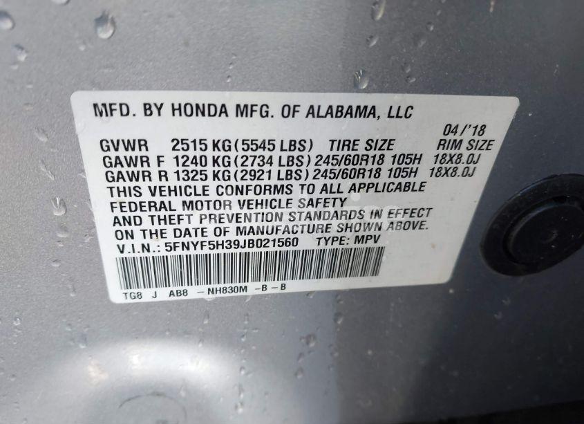 Photo 9 of 2018 Honda Pilot EX (VIN 5FNYF5H39JB021560)