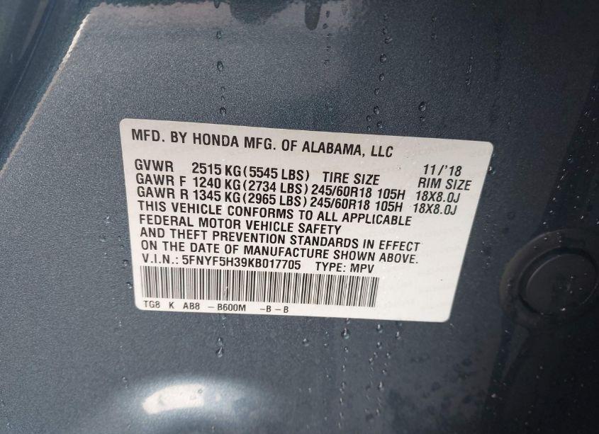 Photo 9 of 2019 Honda Pilot EX (VIN 5FNYF5H39KB017705)