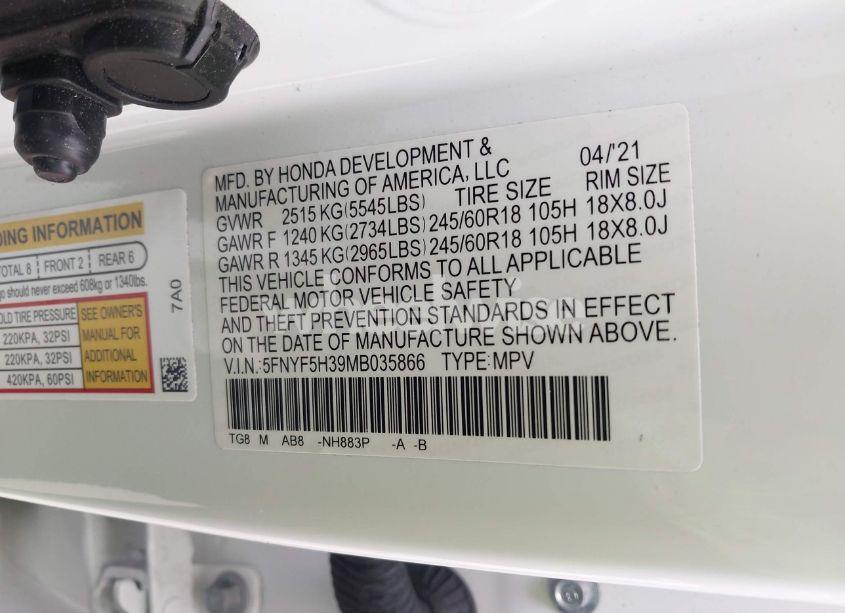 Photo 9 of 2021 Honda Pilot 2WD EX (VIN 5FNYF5H39MB035866)