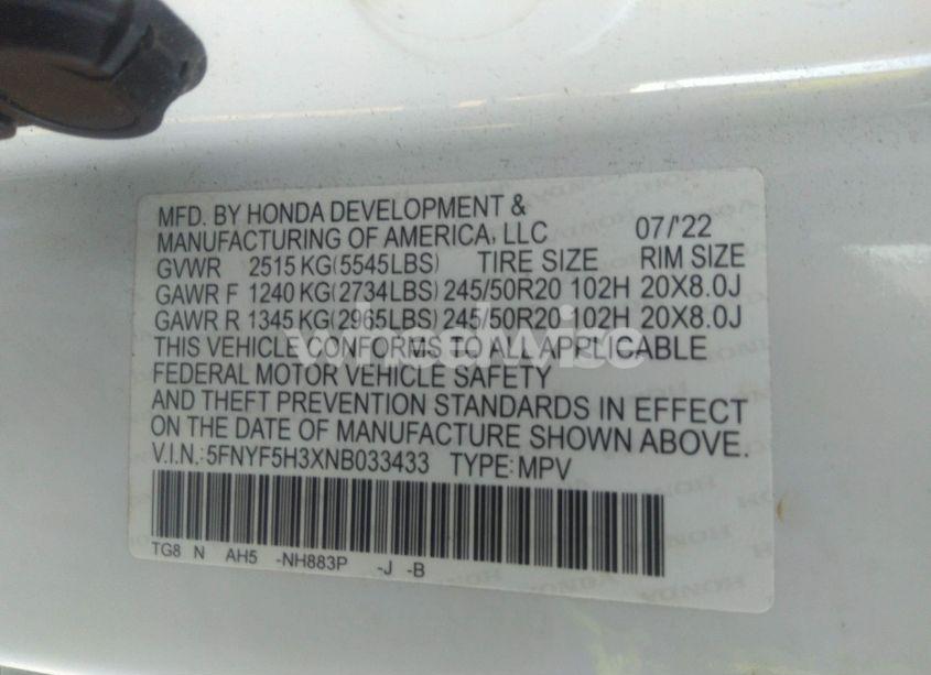 Photo 9 of 2022 Honda Pilot 2WD SPORT (VIN 5FNYF5H3XNB033433)