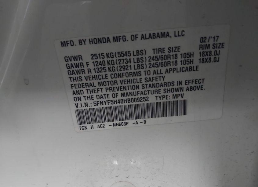 Photo 9 of 2017 Honda Pilot EX (VIN 5FNYF5H40HB009252)