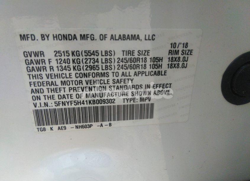 Photo 9 of 2019 Honda Pilot EX-L (VIN 5FNYF5H41KB009302)