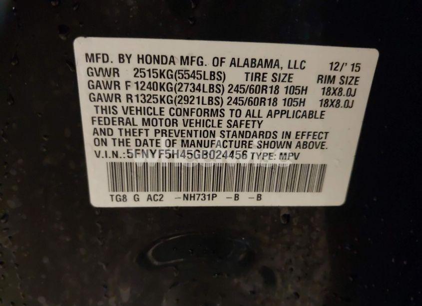 Photo 9 of 2016 Honda Pilot EX (VIN 5FNYF5H45GB024456)