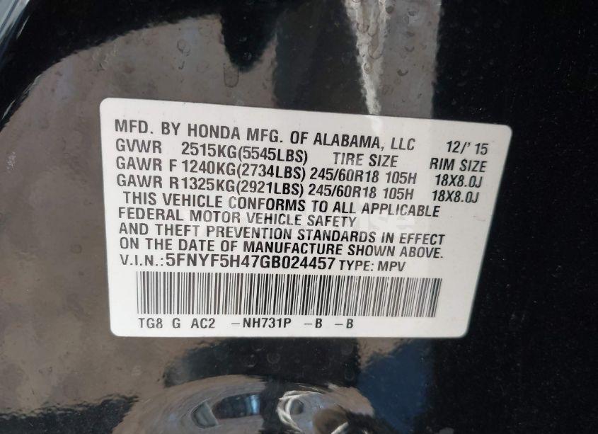 Photo 9 of 2016 Honda Pilot EX (VIN 5FNYF5H47GB024457)