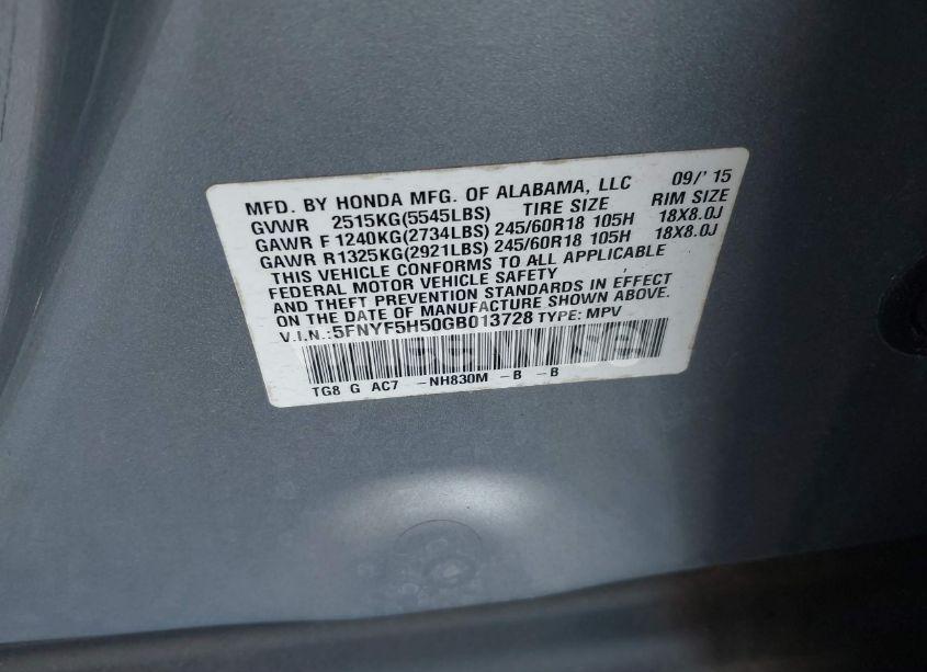 Photo 9 of 2016 Honda Pilot EX-L (VIN 5FNYF5H50GB013728)