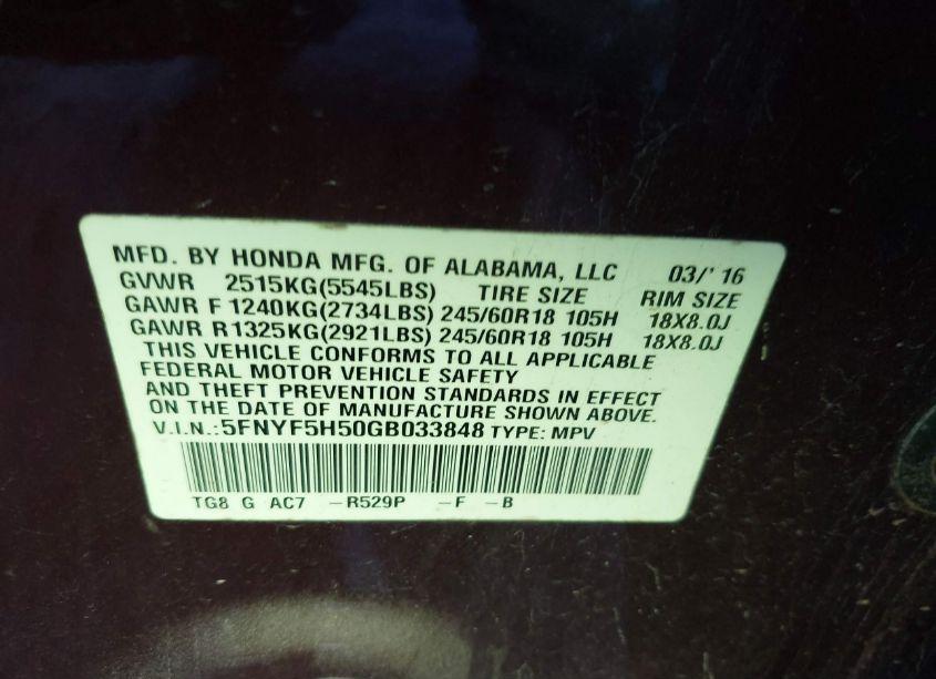 Photo 9 of 2016 Honda Pilot EX-L (VIN 5FNYF5H50GB033848)