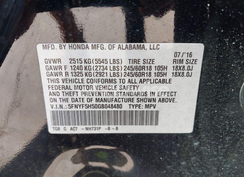 Photo 9 of 2016 Honda Pilot EX-L (VIN 5FNYF5H50GB048480)