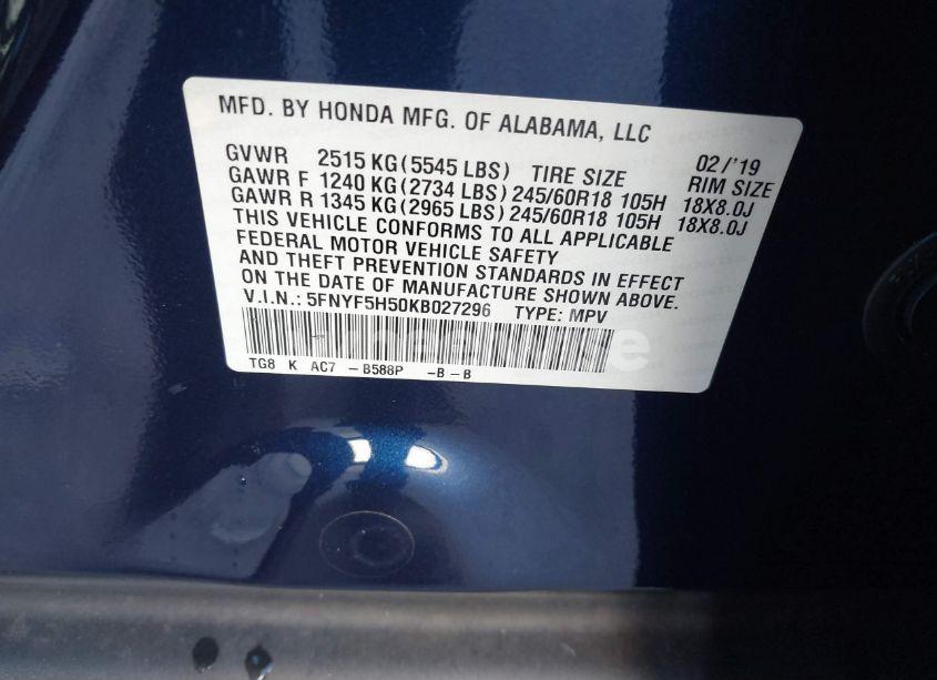 Photo 9 of 2019 Honda Pilot EX-L (VIN 5FNYF5H50KB027296)