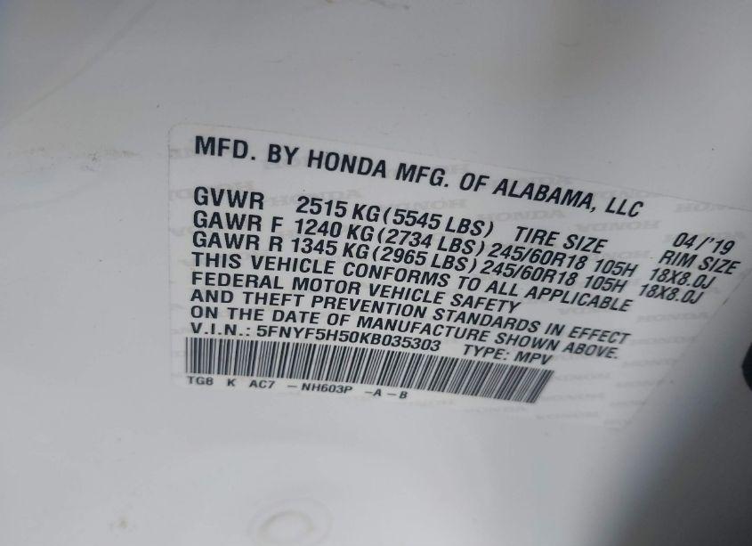 Photo 9 of 2019 Honda Pilot EX-L (VIN 5FNYF5H50KB035303)