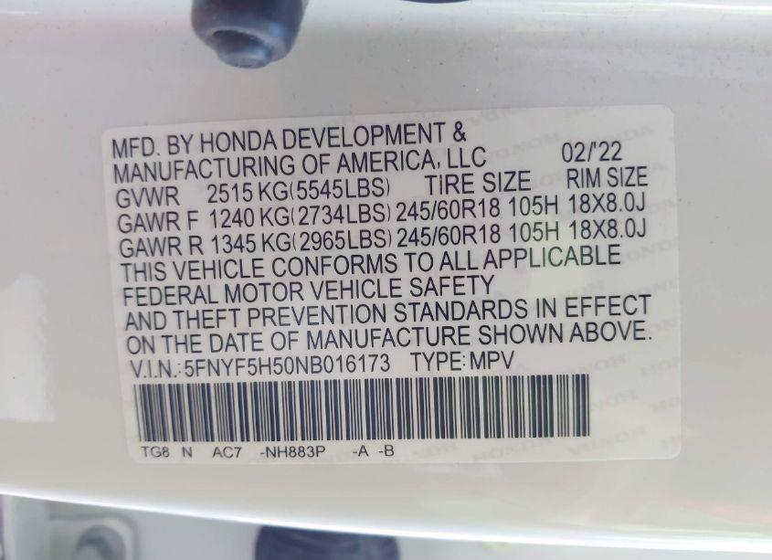 Photo 9 of 2022 Honda Pilot 2WD EX-L (VIN 5FNYF5H50NB016173)