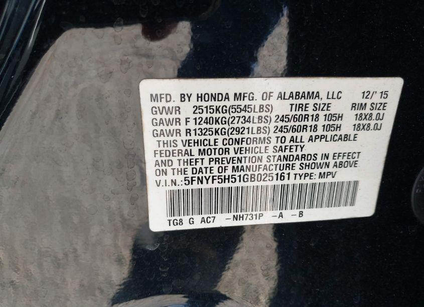 Photo 9 of 2016 Honda Pilot EX-L (VIN 5FNYF5H51GB025161)