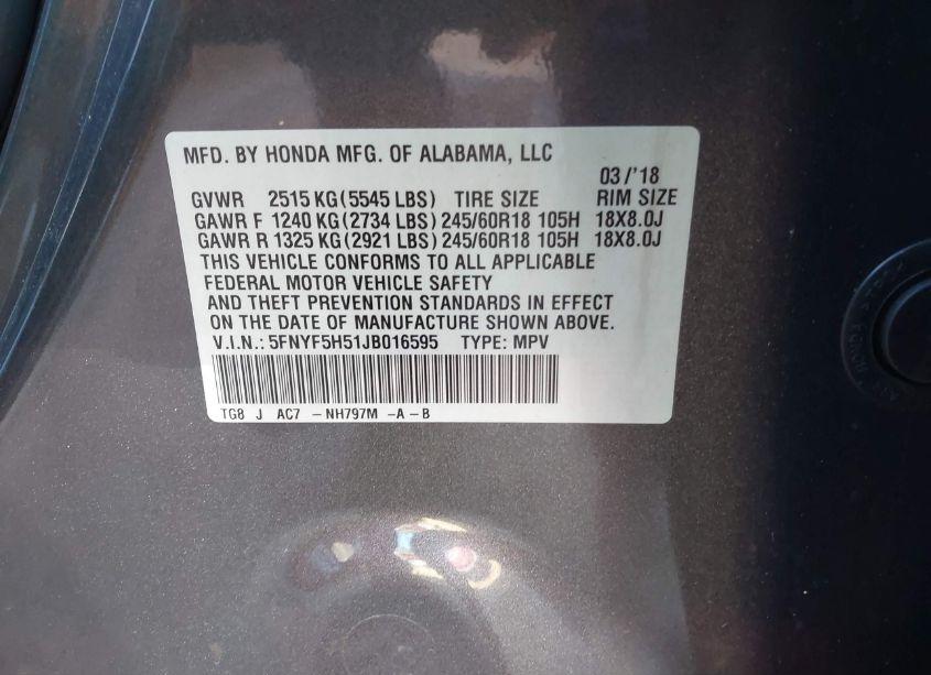 Photo 9 of 2018 Honda Pilot EX-L (VIN 5FNYF5H51JB016595)