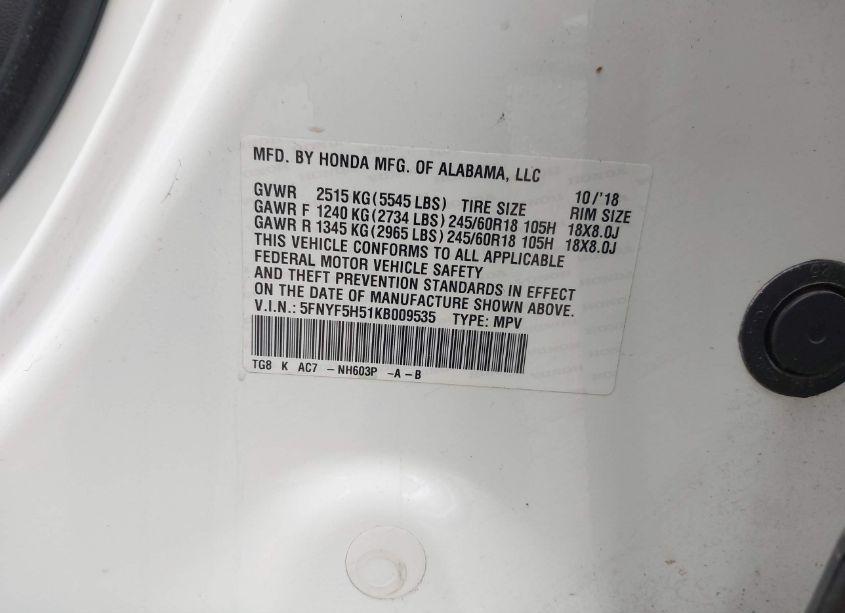 Photo 9 of 2019 Honda Pilot EX-L (VIN 5FNYF5H51KB009535)