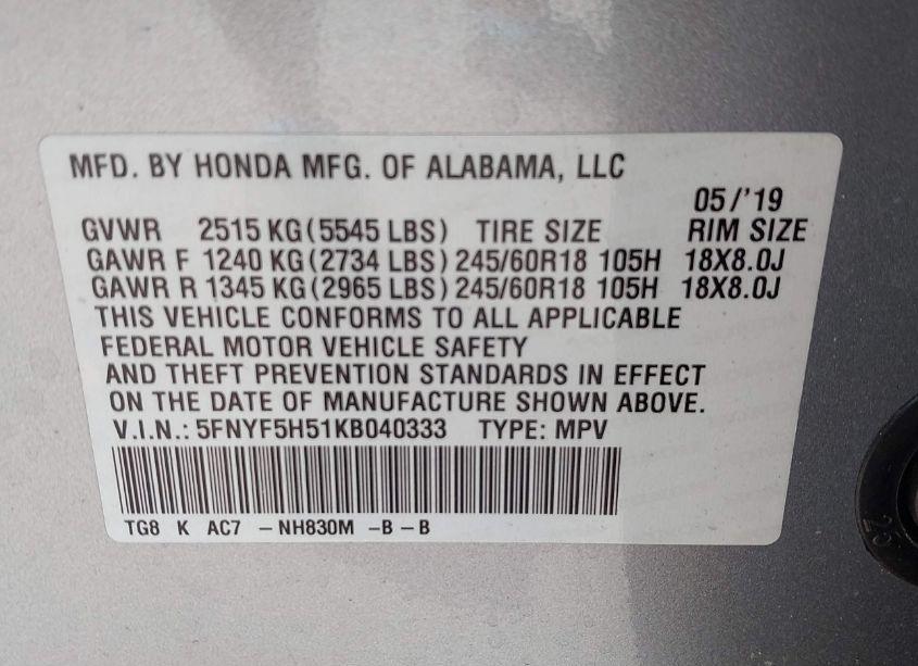 Photo 9 of 2019 Honda Pilot EX-L (VIN 5FNYF5H51KB040333)