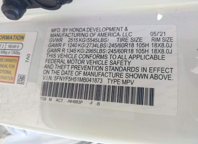Photo 9 of 2021 Honda Pilot 2WD EX-L (VIN 5FNYF5H51MB041873)
