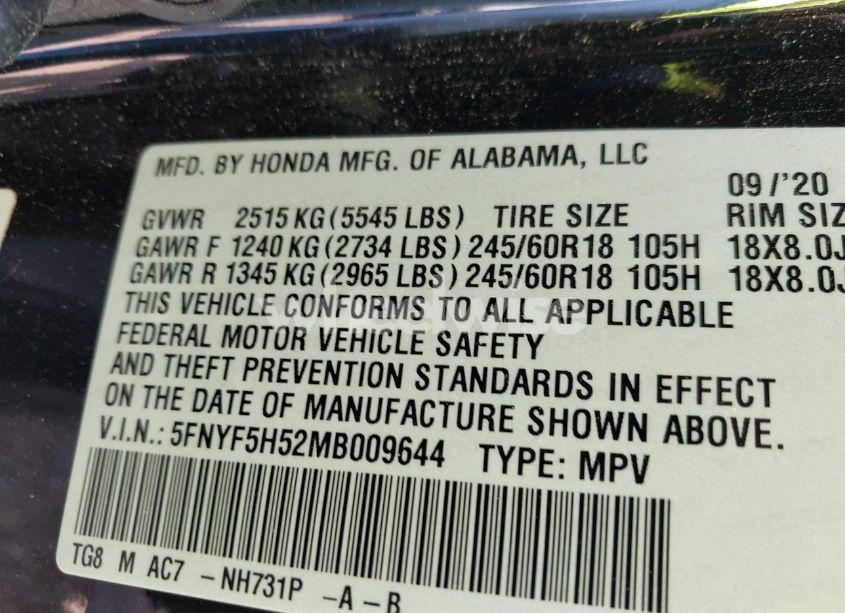 Photo 9 of 2021 Honda Pilot 2WD EX-L (VIN 5FNYF5H52MB009644)