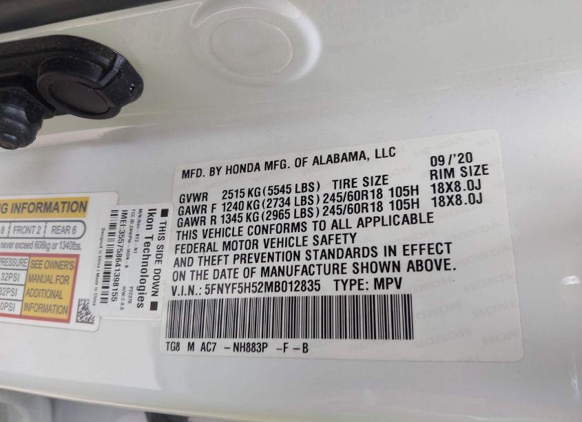 Photo 9 of 2021 Honda Pilot 2WD EX-L (VIN 5FNYF5H52MB012835)