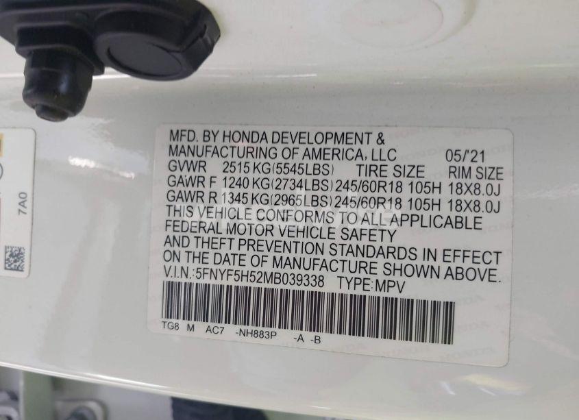 Photo 9 of 2021 Honda Pilot 2WD EX-L (VIN 5FNYF5H52MB039338)