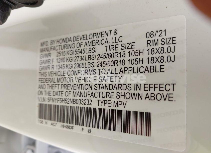 Photo 9 of 2022 Honda Pilot 2WD EX-L (VIN 5FNYF5H52NB003232)