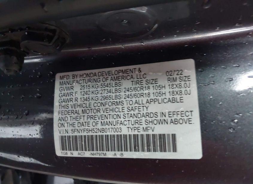 Photo 9 of 2022 Honda Pilot 2WD EX-L (VIN 5FNYF5H52NB017003)