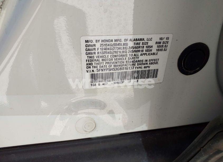 Photo 9 of 2016 Honda Pilot EX-L (VIN 5FNYF5H53GB016137)