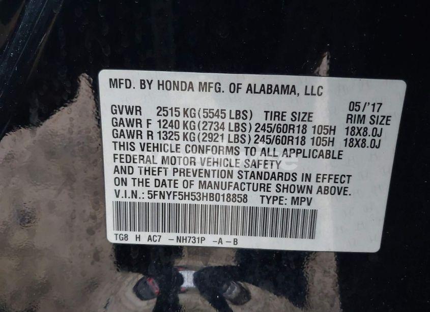 Photo 9 of 2017 Honda Pilot EX-L (VIN 5FNYF5H53HB018858)