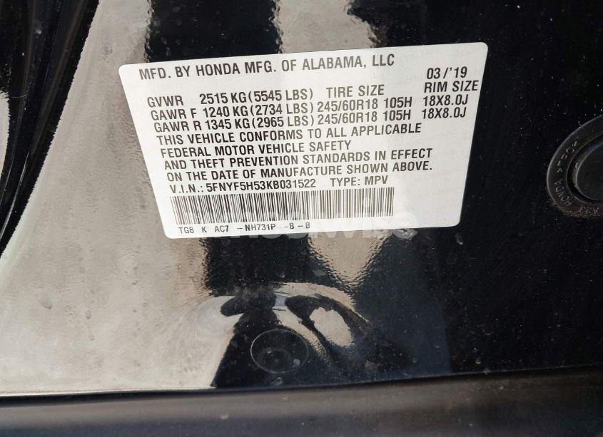 Photo 9 of 2019 Honda Pilot EX-L (VIN 5FNYF5H53KB031522)