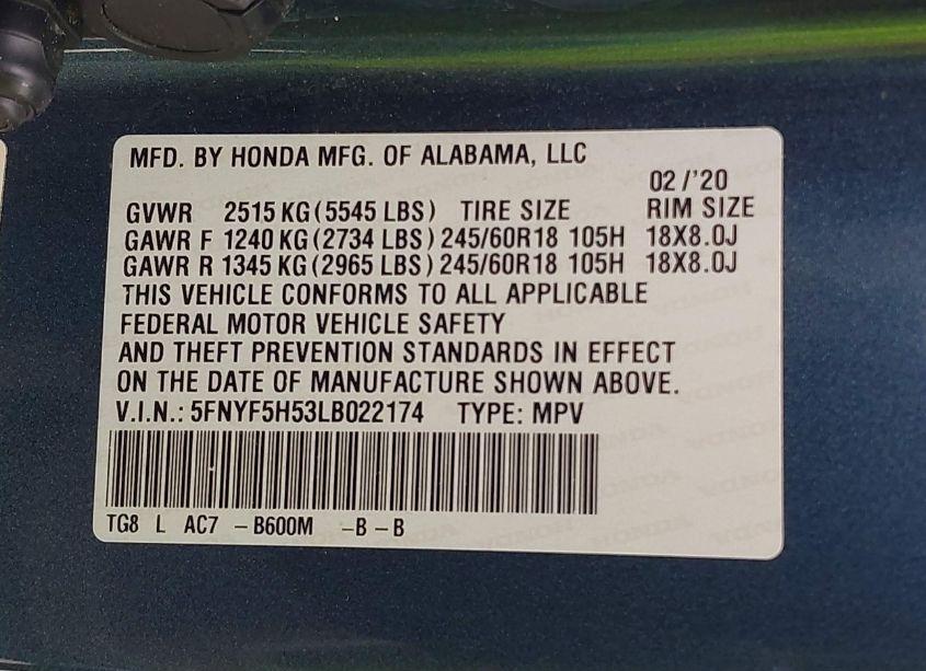 Photo 9 of 2020 Honda Pilot 2WD EX-L (VIN 5FNYF5H53LB022174)