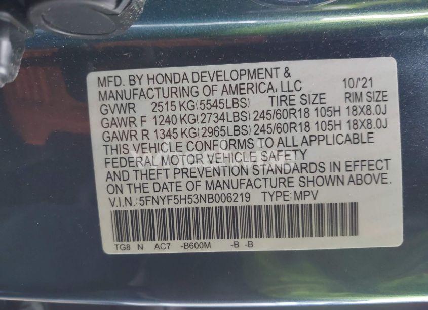 Photo 9 of 2022 Honda Pilot 2WD EX-L (VIN 5FNYF5H53NB006219)