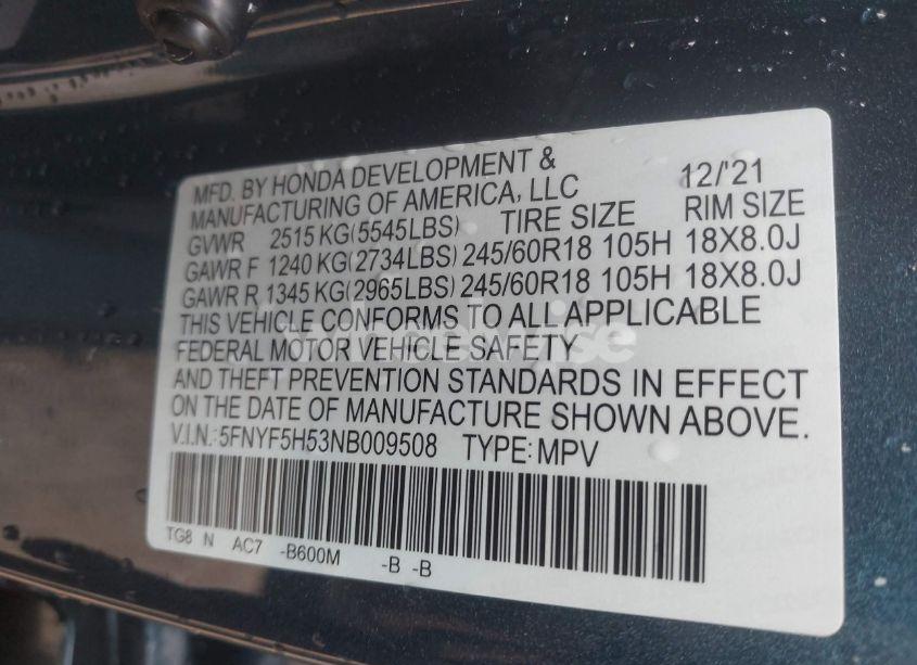 Photo 9 of 2022 Honda Pilot 2WD EX-L (VIN 5FNYF5H53NB009508)