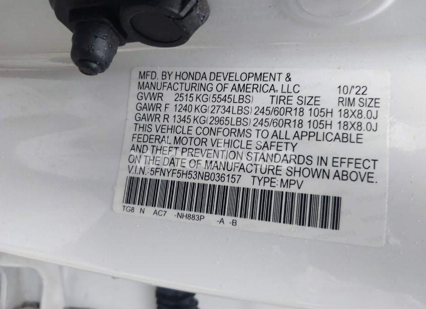 Photo 9 of 2022 Honda Pilot 2WD EX-L (VIN 5FNYF5H53NB036157)