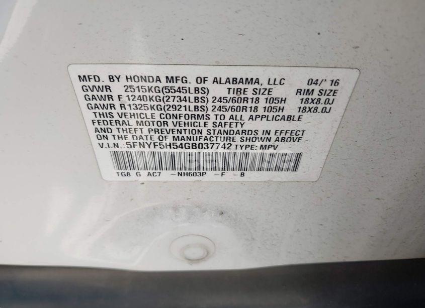 Photo 9 of 2016 Honda Pilot EX-L (VIN 5FNYF5H54GB037742)