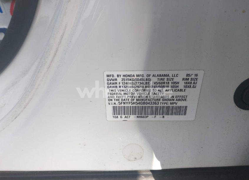 Photo 9 of 2016 Honda Pilot EX-L (VIN 5FNYF5H54GB043363)