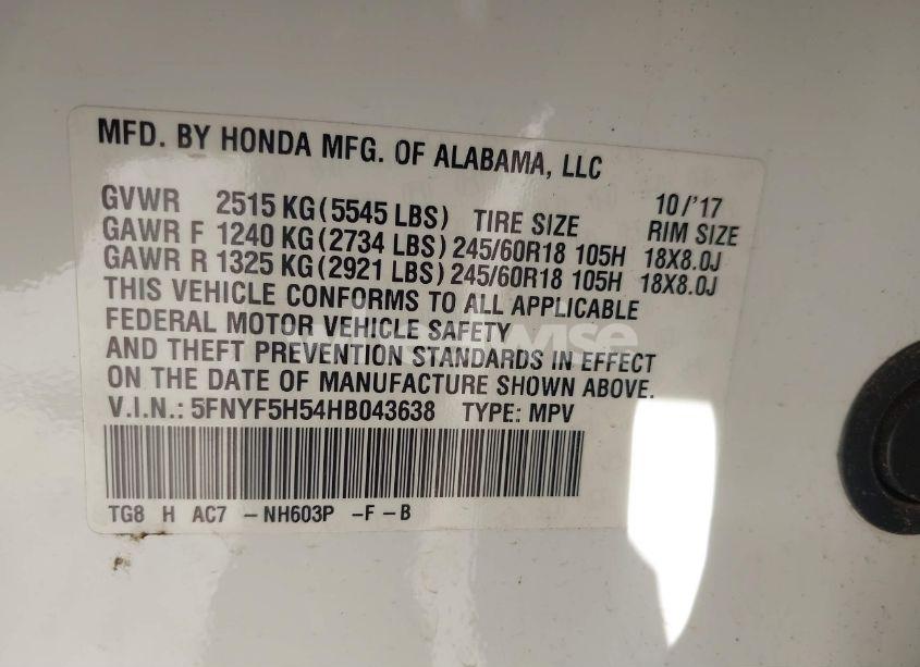 Photo 9 of 2017 Honda Pilot EX-L (VIN 5FNYF5H54HB043638)