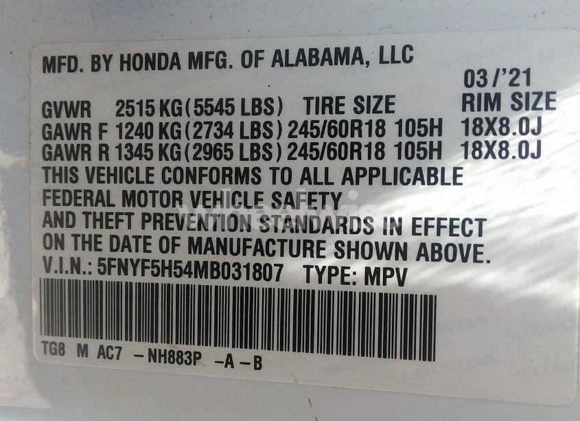 Photo 9 of 2021 Honda Pilot 2WD EX-L (VIN 5FNYF5H54MB031807)