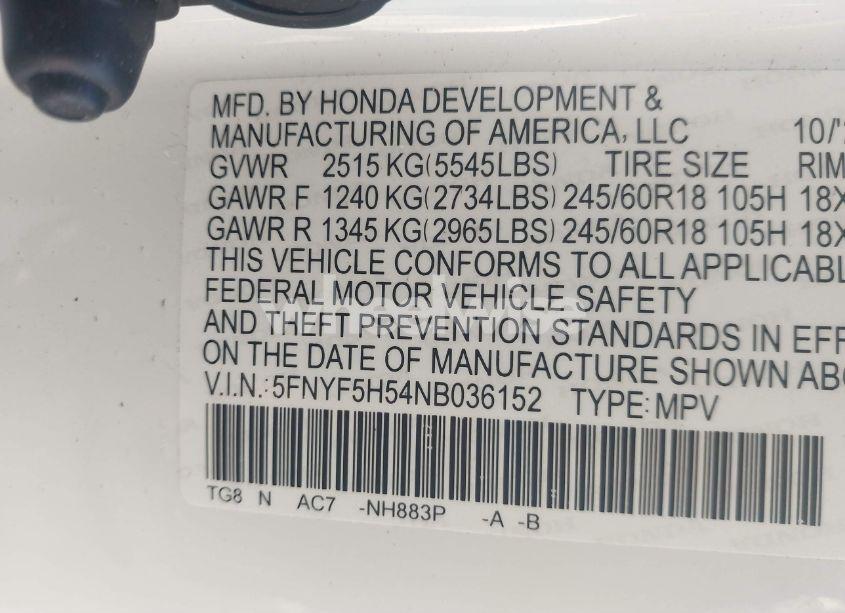 Photo 9 of 2022 Honda Pilot 2WD EX-L (VIN 5FNYF5H54NB036152)