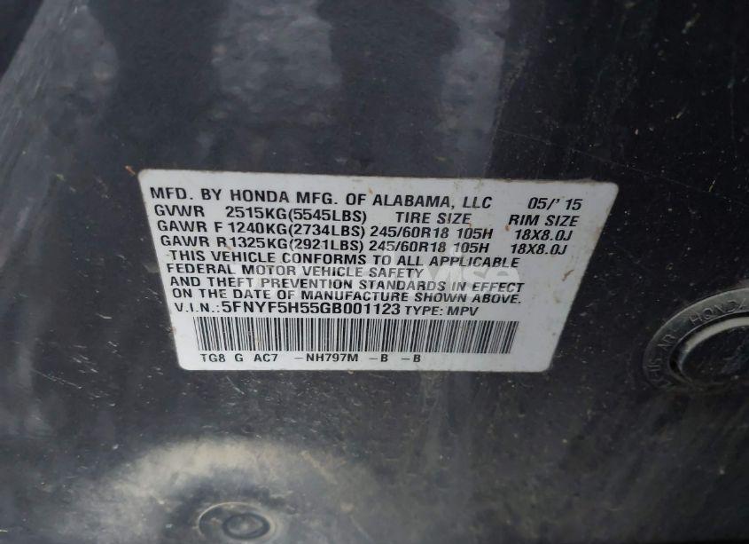 Photo 9 of 2016 Honda Pilot EX-L (VIN 5FNYF5H55GB001123)