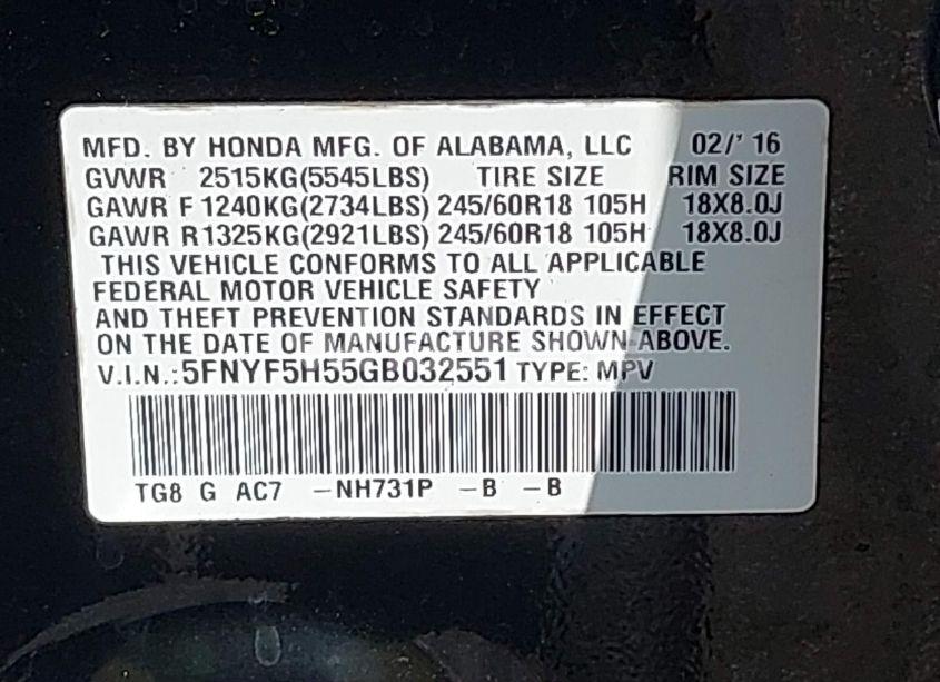 Photo 9 of 2016 Honda Pilot EX-L (VIN 5FNYF5H55GB032551)
