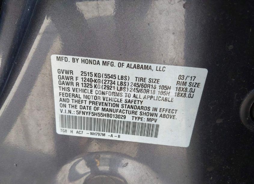 Photo 9 of 2017 Honda Pilot EX-L (VIN 5FNYF5H55HB013029)