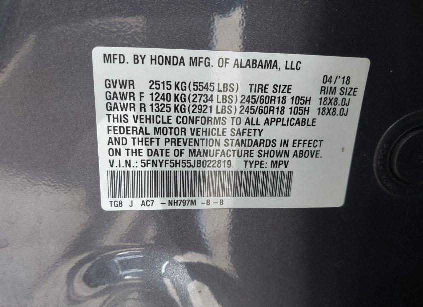 Photo 9 of 2018 Honda Pilot EX-L (VIN 5FNYF5H55JB022819)