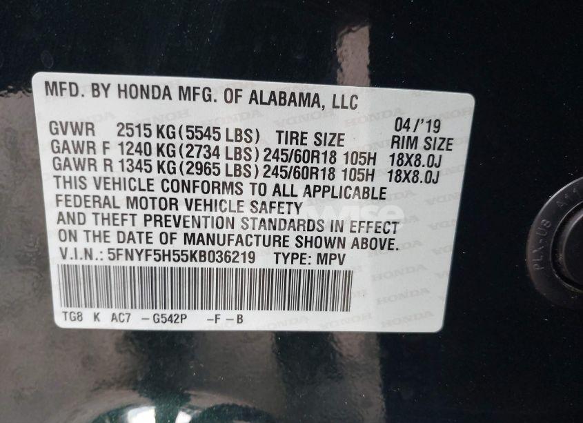 Photo 9 of 2019 Honda Pilot EX-L (VIN 5FNYF5H55KB036219)