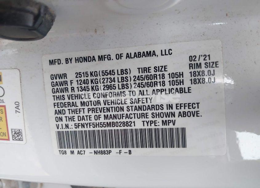 Photo 9 of 2021 Honda Pilot 2WD EX-L (VIN 5FNYF5H55MB028821)