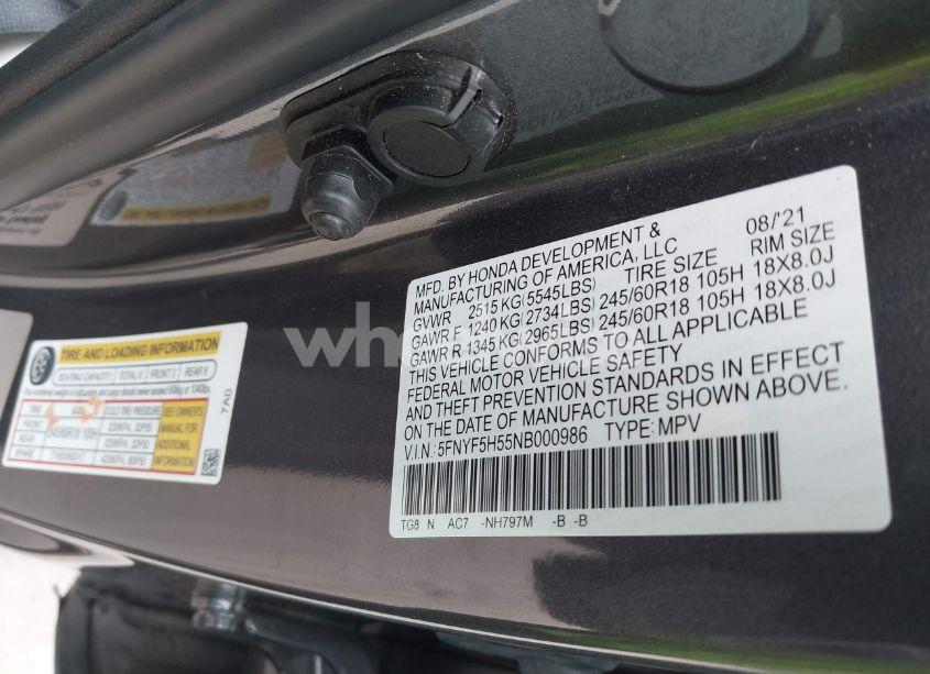 Photo 9 of 2022 Honda Pilot 2WD EX-L (VIN 5FNYF5H55NB000986)