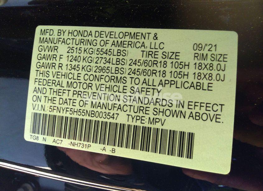 Photo 9 of 2022 Honda Pilot 2WD EX-L (VIN 5FNYF5H55NB003547)