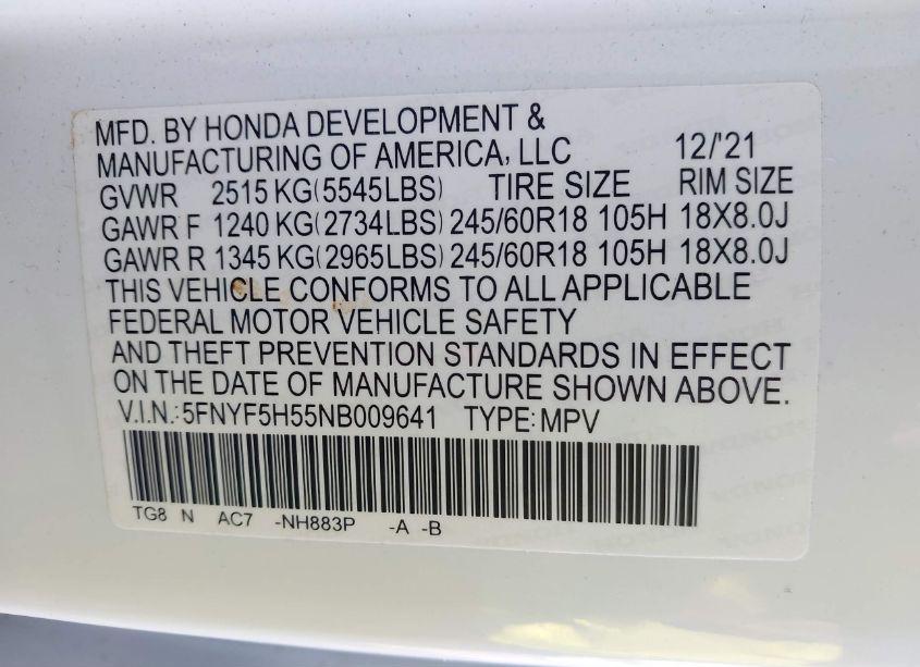 Photo 9 of 2022 Honda Pilot 2WD EX-L (VIN 5FNYF5H55NB009641)